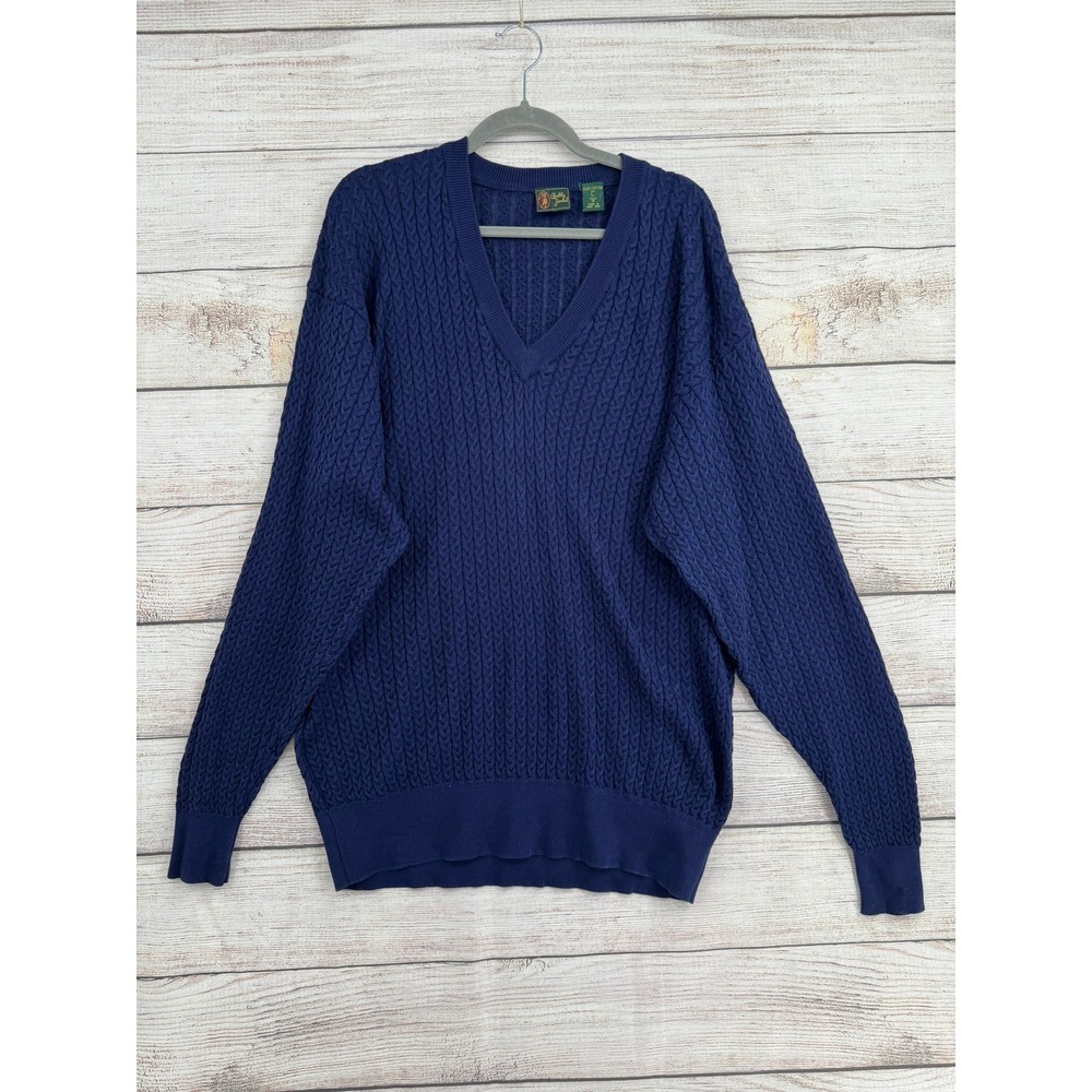 Bobby Jones V-Neck Sweater Mens L Blue Cable Knit 100% Cotton Golf Pullover‎